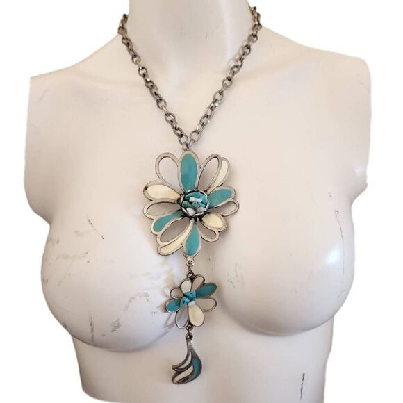 Fashion statement turquoise chunky floral necklace metal industrial boho - Picture 1 of 5